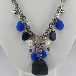 Laura Ashley Blue‎ Stone And Pearl Bib Necklace